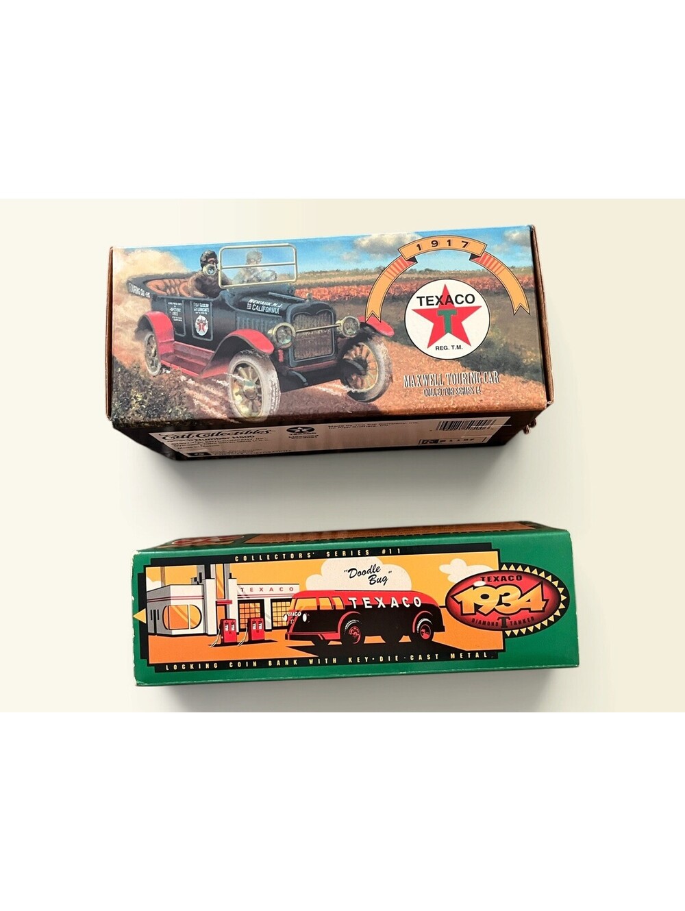 Lot of 2 Texaco Ertl Diecast Banks 1917 Maxwell #14 & 1934 Doodle Bug #11 NIB